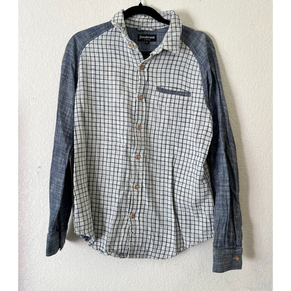 Betabrand San Francisco Mens Large White Blue Plaid Button Up Long Sleeve Shirt